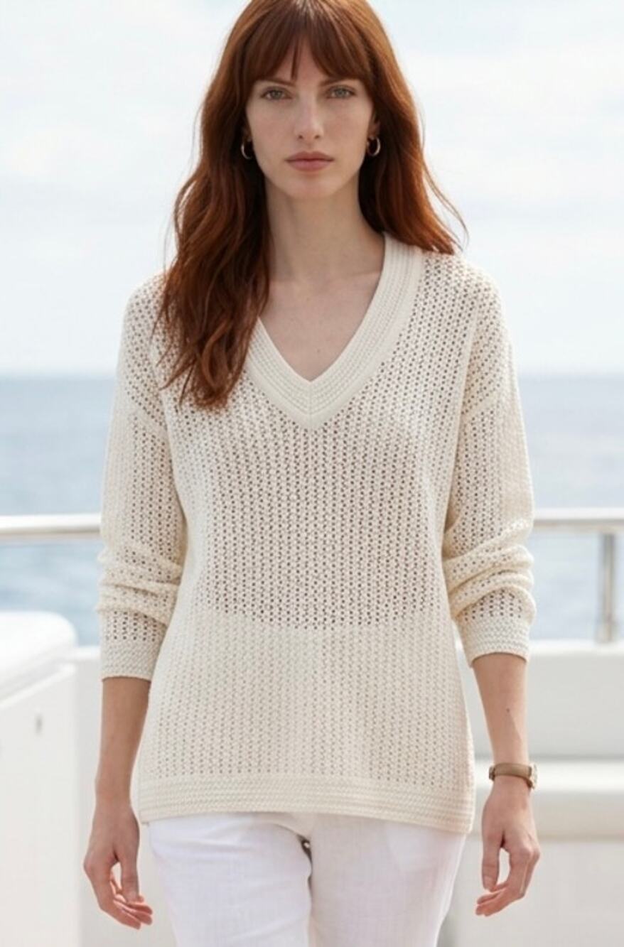 White Cotton Crochet Open Knit Sweater Womens Sz M Wide Sleeves Vacation Coastal